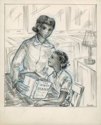 A Black woman and girl look at "The First Reader."