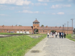 Auschwitz Birkenau, view towards camp entrance, tracks on left