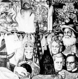 Panel from Diego Rivera's mural depicting the aftermath of the Civil War, combining ideals of Reconstruction with the horrors of the post-war South.  Important figures include Benjamin Wade, Thaddeus Stevens, Charles Sumner, and Walt Whitman.