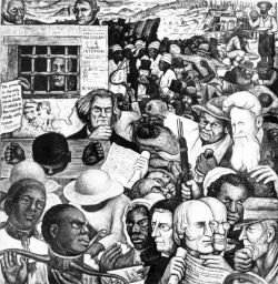 Panel from Diego Rivera's mural at Unity House, depicting the growing conflict over slavery that eventually led to the Civil War.  Also included are references to the Mexican War and the discovery of gold in California.  Important figures include Henry David Thoreau, Zachary Taylor, Winfield Scott, John C. Calhoun, Nat Turner, John Brown, Frederick Douglas, and Harriet Beecher Stowe.