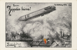 Der Weltkrieg 1914. No. 6. Unser Zeppelin hurra! Luttich. 9 August 1914. [The World War 1914. No. 6. Our Zeppelin hurray! Liege. 9 August 1914.]; verso: Albert Ebner Kunstanstalt, Munchen [divided back, no message]