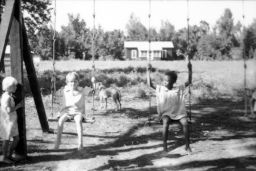 Children playing on swings at Delta Cooperative with a dog and house in the background