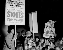 Members of the ILGWU join the massive demonstration at Public Music Hall October 12, 1967, in support for Carl B. Stokes, Democratic candidate for mayor.  Stokes, victor in a hard-fought primary, received enthusiastic backing of Cleveland AFL.