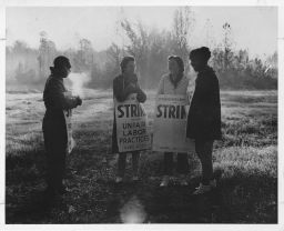 Three female and one male ILGWU members stand in the cold holding strike placards protesting unfair labor practices by the Ottenheimer company.