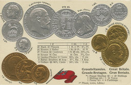 Grossbritannien. Great Britain. Grande Bretagne. Gran Bretana. [comparison of coins used across Great Britain and their worth to other forms of currency in other countries]; verso: Max Heimbrecht. Oranienburg-Eden bei Berlin [divided back, no message]