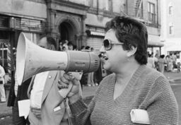 Carmen Arroyo at a protest of the film "Fort Apache, The Bronx"
