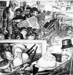 Panel from Diego Rivera's mural at Unity House, depicting a Civil War scene.  Key figures include John Brown, Abraham Lincoln, and J.P. Morgan.  The mural also includes a quote that addresses the emancipation of labor and slavery.
