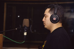 Charlie Chase of the Cold Crush Brothers recording a commercial for Funkmaster Flex, D&D Studios