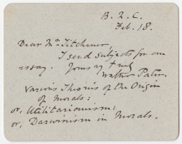 Letter to Edward Titchener from Walter Pater during Titchener's at Oxford suggesting possible essay topics