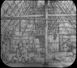 Drawing by Chandlee in 1890 Taken from Photo by Romyn Hitchcock of Interior of Chisei (Pole and Thatch House) in Bekkai Or Bitskai Village, Hokkaido Island, Japan, Showing Man in Informal Costume Near Fire Hearth 
