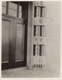 Wichita Art Institute: first unit (main doorway, detail of sculptural reliefs of Indian craftsmen).