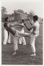Students practicing martial arts outside Schoellkopf Field