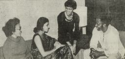 Foreign students getting together in lobby of International House, 1977, newspaper photograph