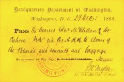 Military pass to Army of the Potomac, 1863