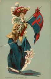Postcard, "College Girl," on a green background, standing and holding a blue and red "P" pennant