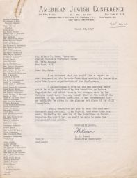 Isaiah L. Kenen to Albert E. Kahn Regarding Interim Committee's Progress, March 1947 (correspondence)