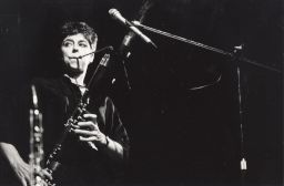 Photograph of Lindsay Cooper performing on the bassoon