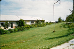 Attached cottages from across a sloping lawn (Bakkebo, Aalborg, DK)
