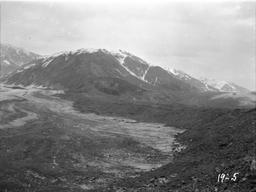 Moraine, elevation of 850 ft, looking up Serpentine and Flat Glacier and moraine. 