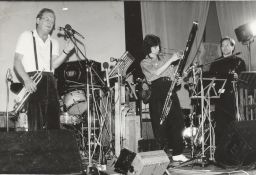 Photograph of Phil Minton, LindsayCooper, and Alfred Harth performing "Oh Moscow"