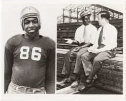 Jerome Holland as he appeared as an All-America end at Cornell in 1937-1938. At the right, he talks with John G. Pew, Jr.