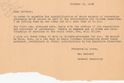 Max Bedacht to Executive Committee Members about Proposed Changes to Leadership Structure, October 1943 (correspondence)