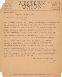 American Jewish Conference to JPFO about Palestine, September 1947 (telegram)