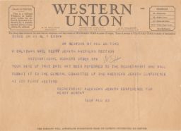 Henry Monsky to Rubin Saltzman Confirming Wire to the Secretariat, August 1943 (telegram)