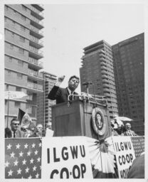 President John F. Kennedy speaking at the ILGWU cooperative housing dedication, 1962