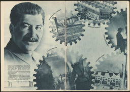 Stalin with images of Dnieprostroi and the Dnieper Combinat