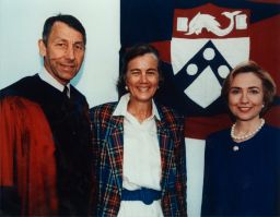 Hillary Rodham Clinton (right) with University President Sheldon Hackney and Lucy Durr Hackney