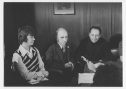 Jean O'Leary, Frank Kameny, and Ron Gold being interviewed at the 1973 APA Press Conference