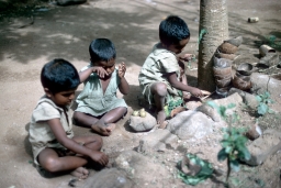 Children playing house with coconuts