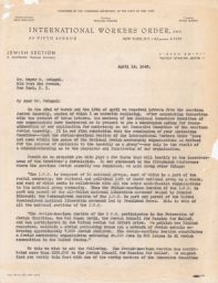 Rubin Saltzman to Meyer Weisgal Appealing IWO Jewish Section's Exclusion, April 1943 (correspondence)
