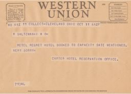 Carter Hotel to Rubin Saltzman about Lack of Vacancies, October 1946 (telegram)