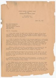 Rubin Saltzman to David Petegorsky about JPFO Position on Palestine, April 1947 (copy of correspondence)