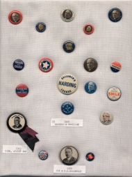 Harding-Coolidge and Cox-Franklin D. Roosevelt Campaign Buttons and Harding Memorial Badge, ca. 1920-1923