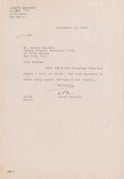 Joseph Brainin to Reuben Saltzman about Paper Clippings, September 1946 (correspondence)
