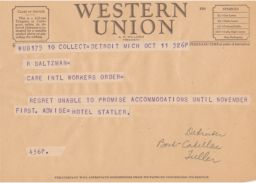 Hotel Statler to Rubin Saltzman about Possible Accommodations, October (telegram) 