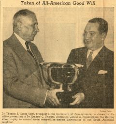 Thomas S. Gates presents Dr. Ernesto C. Uriburu, Argentine consul in Philadelphia, with Paul Revere Award for annual soccer competition in South America, news clipping