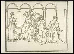 [Poliphilus and Polia are driven out of the temple by the Priestess of Diana and her maidens] (from Hypnerotomachia Poliphili)