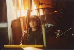 Photograph of Lindsay Cooper and a bassoon while recording with Henry Cow (Sunrise Studios)