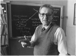 Portrait of Simpson (Sam) Linke, Cornell Professor of Electrical Engineering, in his Phillips Hall office