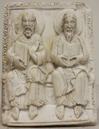 Medieval walrus tusk relief depicting two Apostles