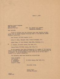 George Starr to the American Jewish Congress about JPFO Delegates, March 1948 (correspondence)