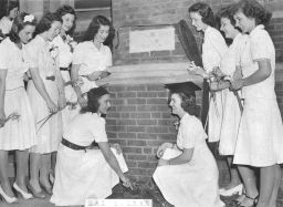 Ivy Day, 1942, planting ceremonies, senior class women at Bennett Hall Triangle