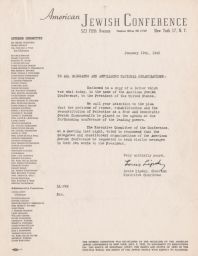 Louis Lipsky to All Delegates and Affiliated National Organizations about Letter to President of the United States, January 1945 (correspondence)