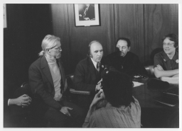 Bruce Voeller, Frank Kameny, Ron Gold, and Barbara Gittings being interviewed at the 1973 APA Press Conference
