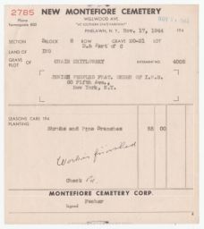 Cemetery Invoice for Grave Plot of Chaim Zhitlowsky