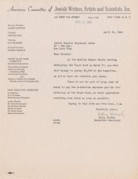 Valia Hirsch to JPFO about Payment for Black Books, April 1946 (correspondence)